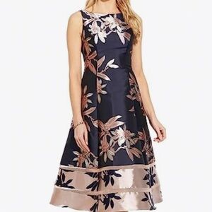 Adrianna Papell Navy and Pink Floral Flare A-Line Dress EUC
